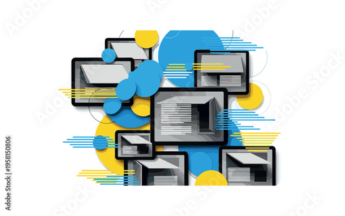 Black and white close-up of multiple overlapping screens with open windows, combined with overlapping blue and yellow circles and thin horizontal rhythm lines