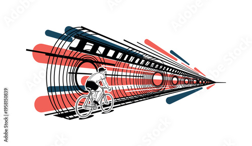 black-and-white retro person riding a bicycle through a tunnel, geometric lines and circular shapes representing speed and airflow, coral red and dark blue