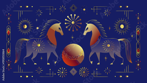 Two stylized horses face each other before a decorated egg