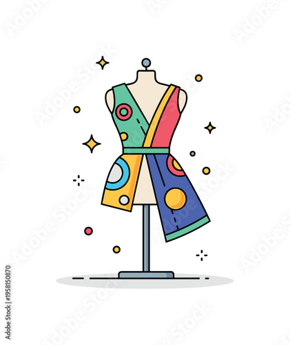 Avant garde fashion piece dramatic outfit on a simple mannequin with bold geometric patterns and tiny sparkle accents suggesting experimental