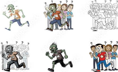 Funny zombie runner illustration, cartoon character racing with confused people, question marks, marathon theme, six variations, white background, vector flat design, comic art