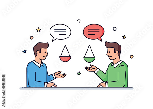 Civility and constructive discussion two people exchanging ideas with calm gestures while balanced speech bubbles represent thoughtful dialogue and respectful