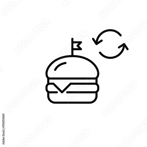 Burger and renew arrows. Order update, eco-friendly food delivery. Pixel perfect, editable stroke vector icon