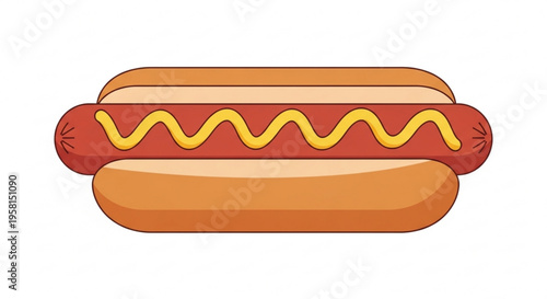 Delicious hot dog with yellow mustard on a toasted bun isolated on white background for food or snack concepts
