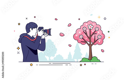 Spring nature photography photographer silhouette holding a camera toward a blooming cherry tree in a simple park setting with soft petal accents drifting in