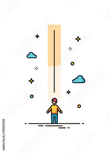 Light from the heavens bright vertical beam touching a small figure standing calmly below with open posture. A compact editorial illustration about guidance,