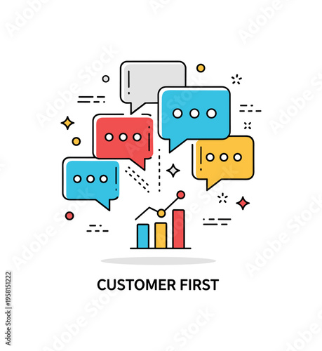 Voice of customer strategy badge centered on multiple speech bubbles merging into a single growth chart icon. A compact ?Customer First? caption highlights