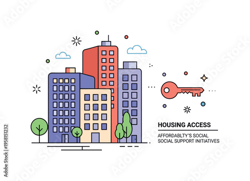 Public housing development theme featuring apartment blocks and a small key icon representing access to homes. A compact ?Housing Access? text detail