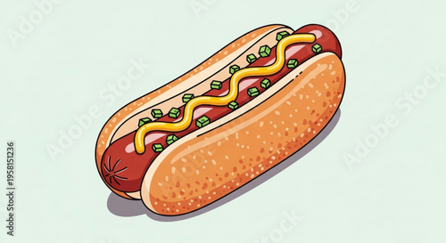 Delicious hot dog with mustard and relish on a bun tasty fast food or snack