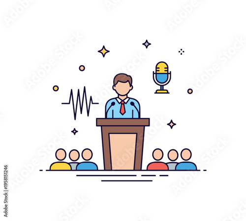 Public speaking confidence illustrated by a central figure standing behind a podium with a small microphone icon and subtle sound wave lines, expressing