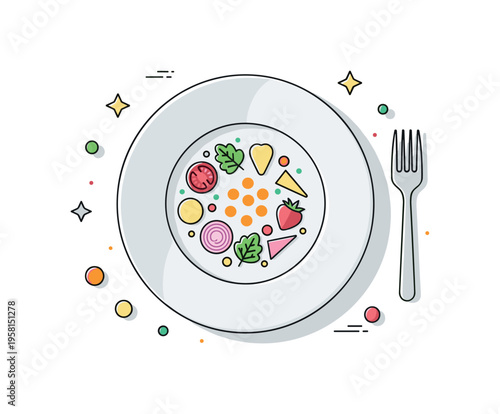 Gourmet meals elegant plated dish with carefully arranged ingredients forming a balanced composition on a wide white plate, expressing refinement and culinary