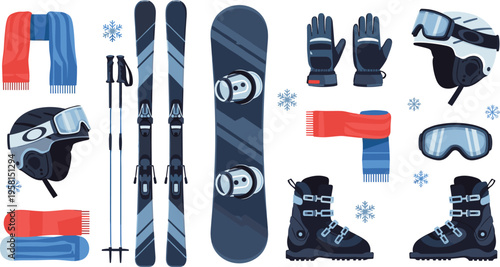 Winter sports equipment set with skis, snowboard, boots, helmet and goggles, snowboarding and skiing gear cartoon vector illustration collection