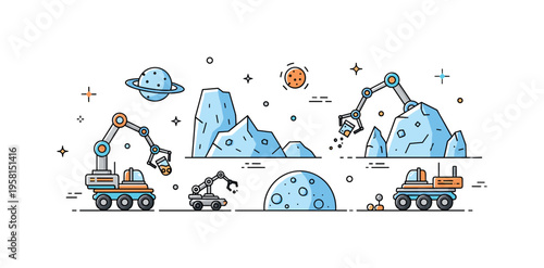 Rovers exploring icy moons with robotic arms collecting samples, illustrating astrobiology fieldwork, planetary research, and the search for microbial life.