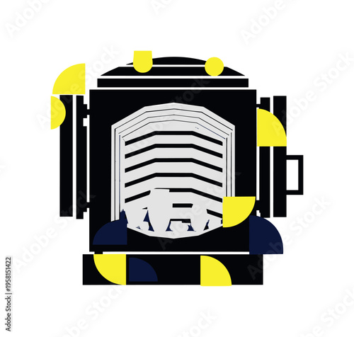 Black and white kiln silhouette with subtle ceramic pieces inside, structured rectangular blocks and semicircles representing heat and transformation, bright