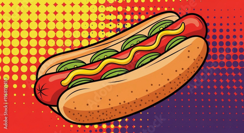 Vibrant hot dog with ketchup mustard and lettuce on a pop art background fast food concept