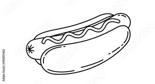 Delicious hot dog with wavy ketchup or mustard topping in a bun