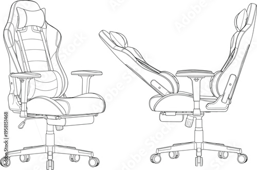 Modern ergonomic gaming chair, reclining office seat design, adjustable armrests and wheels, high back support, detailed line drawing, isolated white background, swivel desk chair blueprint