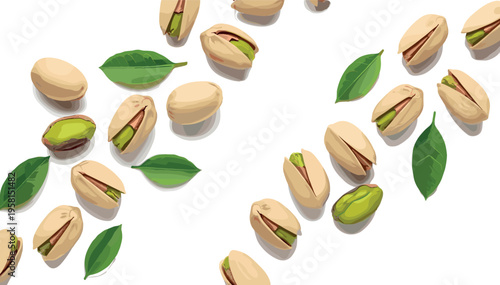 Seamless pistachio pattern with open shells kernels and green leaves in realistic vector illustration isolated on light background for food packaging design