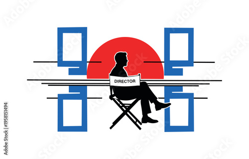 Black and white director seated in a folding chair labeled ?Director,? bold red semicircle centered behind the chair, cobalt blue rectangular fragments