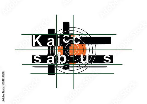 Black and white karaoke lyric screen with oversized text bars abstracted into geometric rectangles, bright orange circle and dark green linear grids