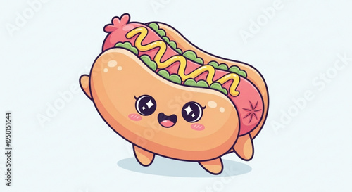 Cute cartoon hot dog with ketchup and mustard toppings on a white background smiling and standing