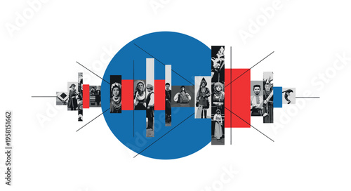 Modern graphic collage of fragmented monochrome folklore photographs arranged in geometric alignment, large cobalt circular backdrop and bold red rectangular