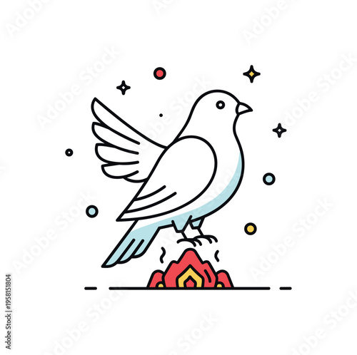 Courage in adversity fiery bird standing confidently above glowing embers with upright posture and radiant wing outline. A strong editorial badge about