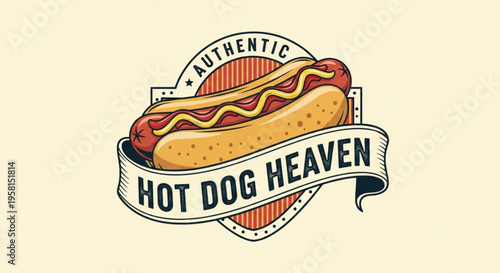 Vintage style hot dog with mustard and ketchup on a bun with a banner reading hot dog heaven on a beige background