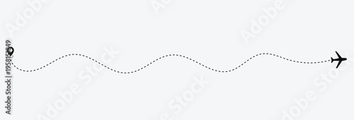 Airplane Route Icons with Dotted Flight Paths and Plane Silhouettes Curved Loop Straight Wave and Heart Shaped Routes Vector