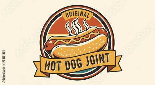 Vintage hot dog logo with steaming sausage on bun original hot dog joint sign with yellow banner
