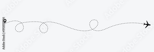 Airplane Flight Path Vector Set with Dotted Route Lines and Plane Silhouettes Showing Curved Straight and Looped Travel Paths