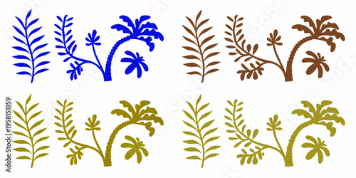 Stylized botanical illustrations featuring colorful branches and palm like foliage