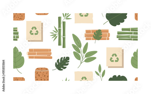 sustainable materials icons recycled paper sheets bamboo sticks cork textures and plant leaves arranged as eco design elements, flat vector rounded shapes,