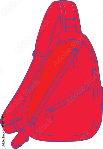 Modern sling shoulder backpack, vibrant red design with zipper pockets, casual travel bag, unisex crossbody pack, school or hiking accessory, isolated white background illustration
