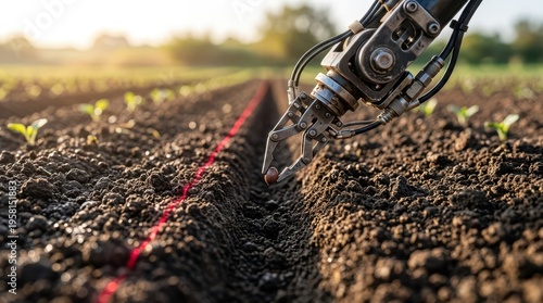 A detailed macro image of a robotic planting mechanism placing a seed into the soil with laser-guided accuracy for optimal agricultural yields.