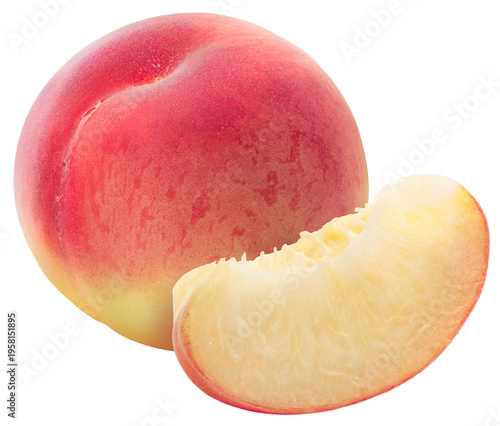Peach fruit with slices isolated on white background, Fresh Peach on White Background With clipping path.PNG File.