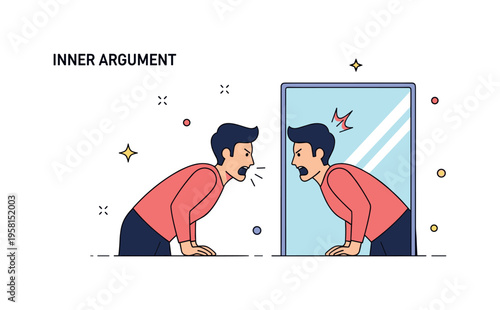 Inner argument concept a person leaning forward and yelling at a mirror reflection that responds with the same aggressive posture, symbolizing internal