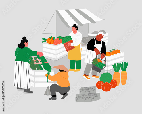 A vibrant farmers market scene with people selling and buying produce