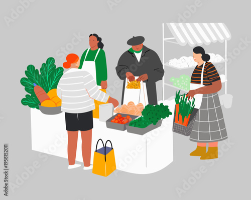 People shopping for fresh produce at an outdoor farmers market stall