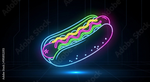 Vibrant neon hot dog sign glowing brightly in dark background with colorful condiments