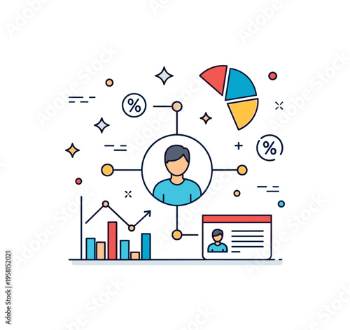 Customer behavior analytics illustrated by a small user silhouette connected to segmented chart elements and subtle percentage icons. A compact badge style