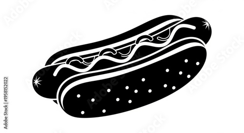 Black and white hot dog with condiments on a bun