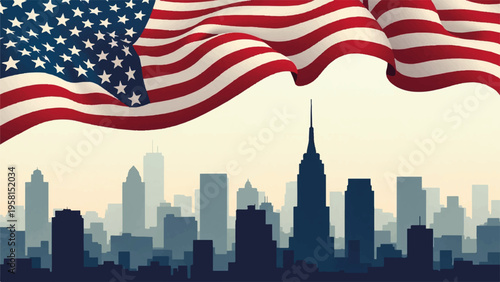 Vector illustration of American flag waving over New York City skyline