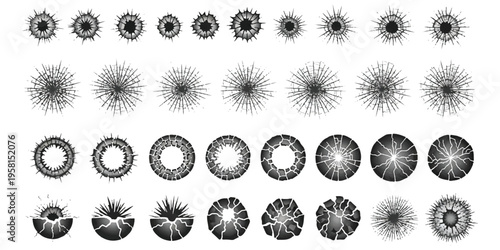 Monochrome shattered glass cracks and bullet hole impacts isolated on white