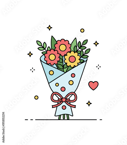 Flower bouquet preparation showing a neatly wrapped arrangement tied with ribbon and small decorative dots suggesting freshness and care. The scene highlights