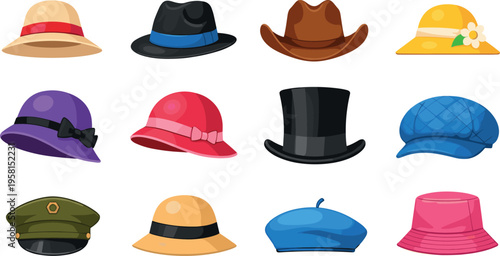 Set of colorful fashion hats in flat vector illustration including fedora cowboy beret bucket and caps isolated on light background for stylish apparel design