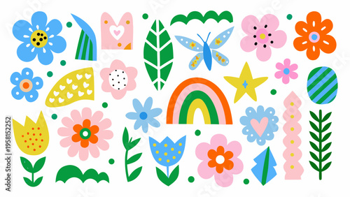 Colorful floral and nature themed illustrations in a playful arrangement