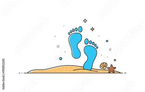 Seaside footsteps memory a pair of footprints fading gently into soft sand beside a tiny shell and starfish icon, expressing the quiet and reflective mood of a