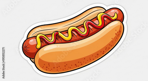 Delicious hot dog with ketchup and mustard on a bun isolated on white background appetizing food illustration