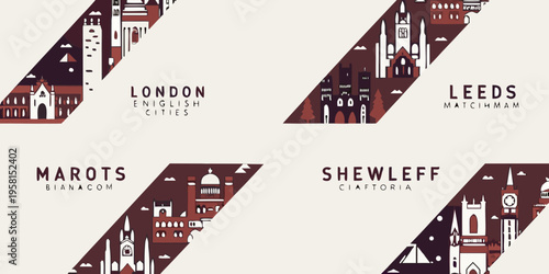 Stylized illustrations of cities including london leeds and marots
